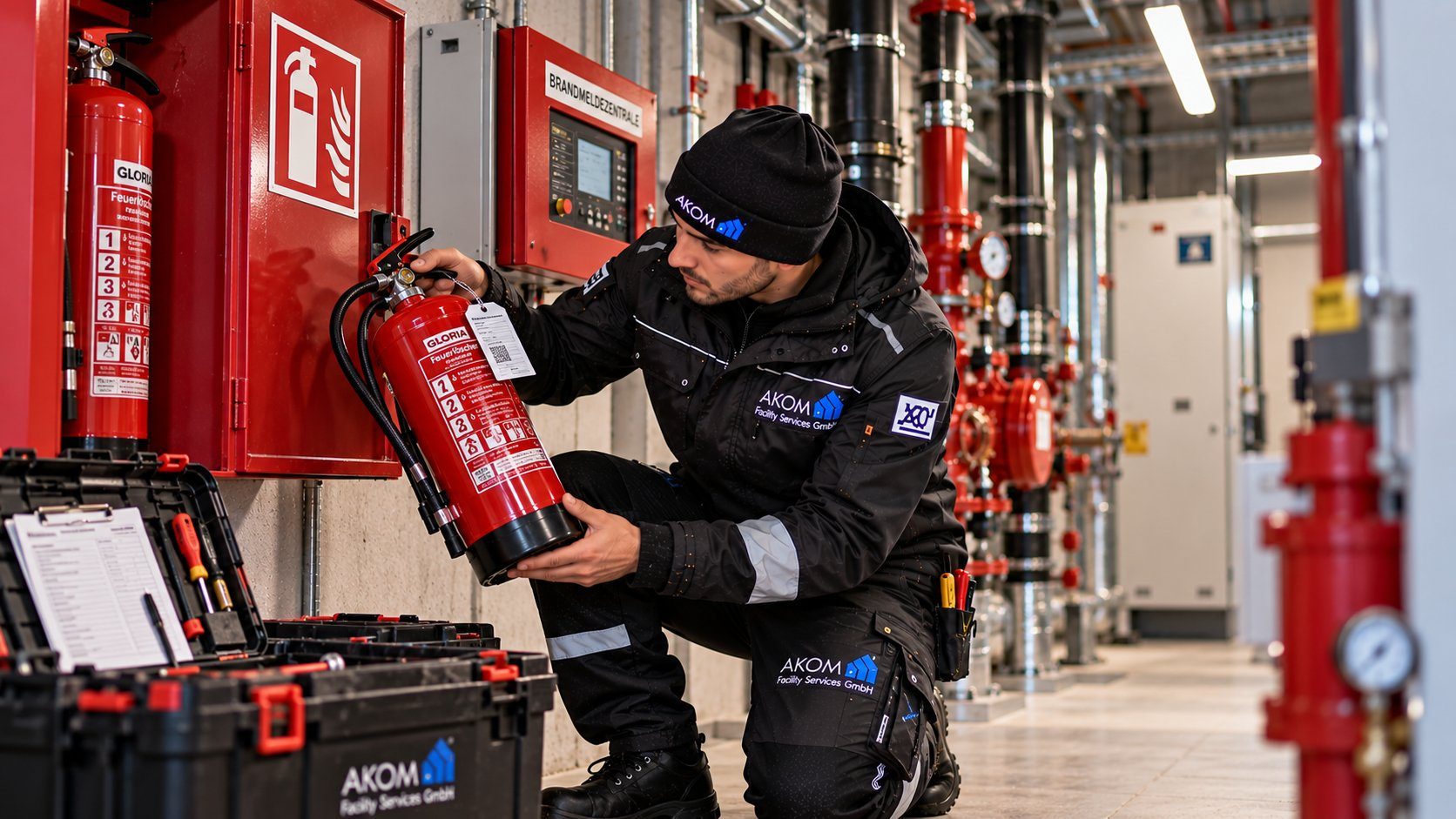AKOM-Techniker prüft einen Feuerlöscher im Technikraum, Bild mit KI erstellt