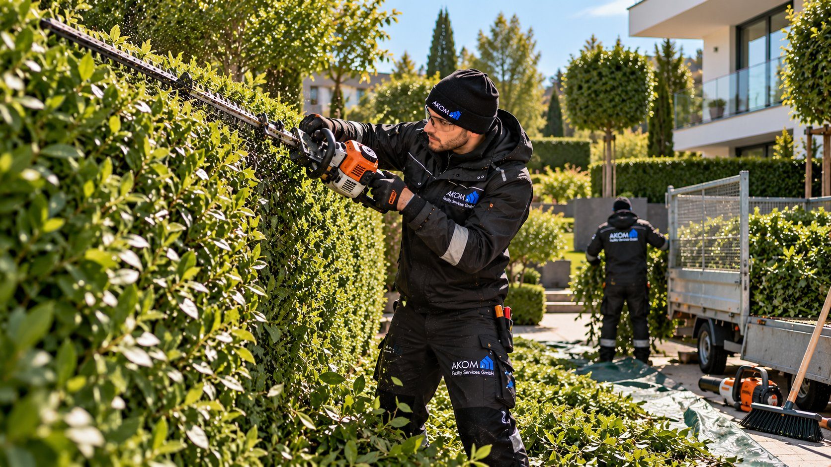 AKOM-Gärtner schneidet eine Hecke mit der Heckenschere, Bild mit KI erstellt