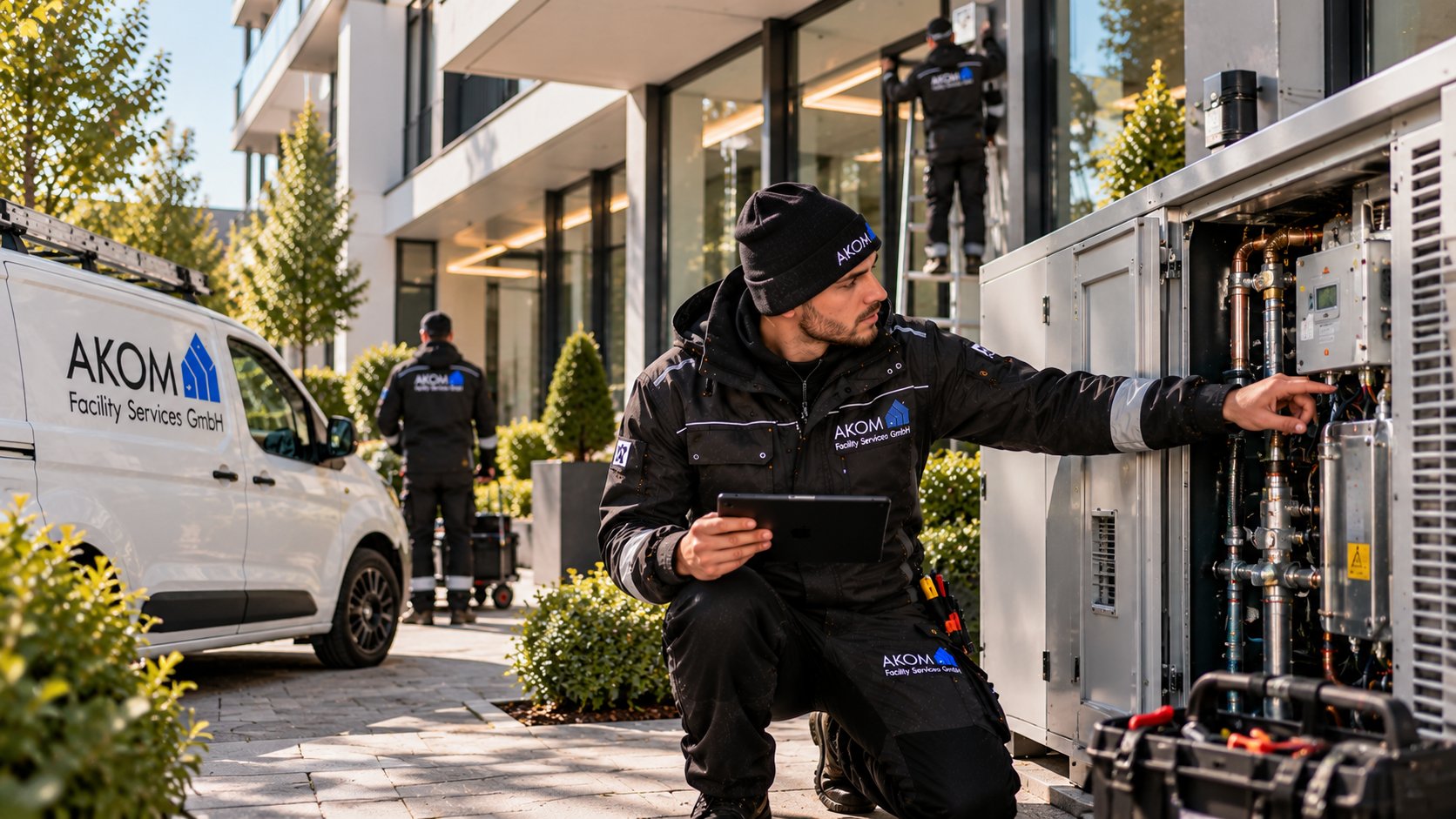 AKOM-Techniker kontrolliert die Haustechnik neben dem Servicewagen, Bild mit KI erstellt