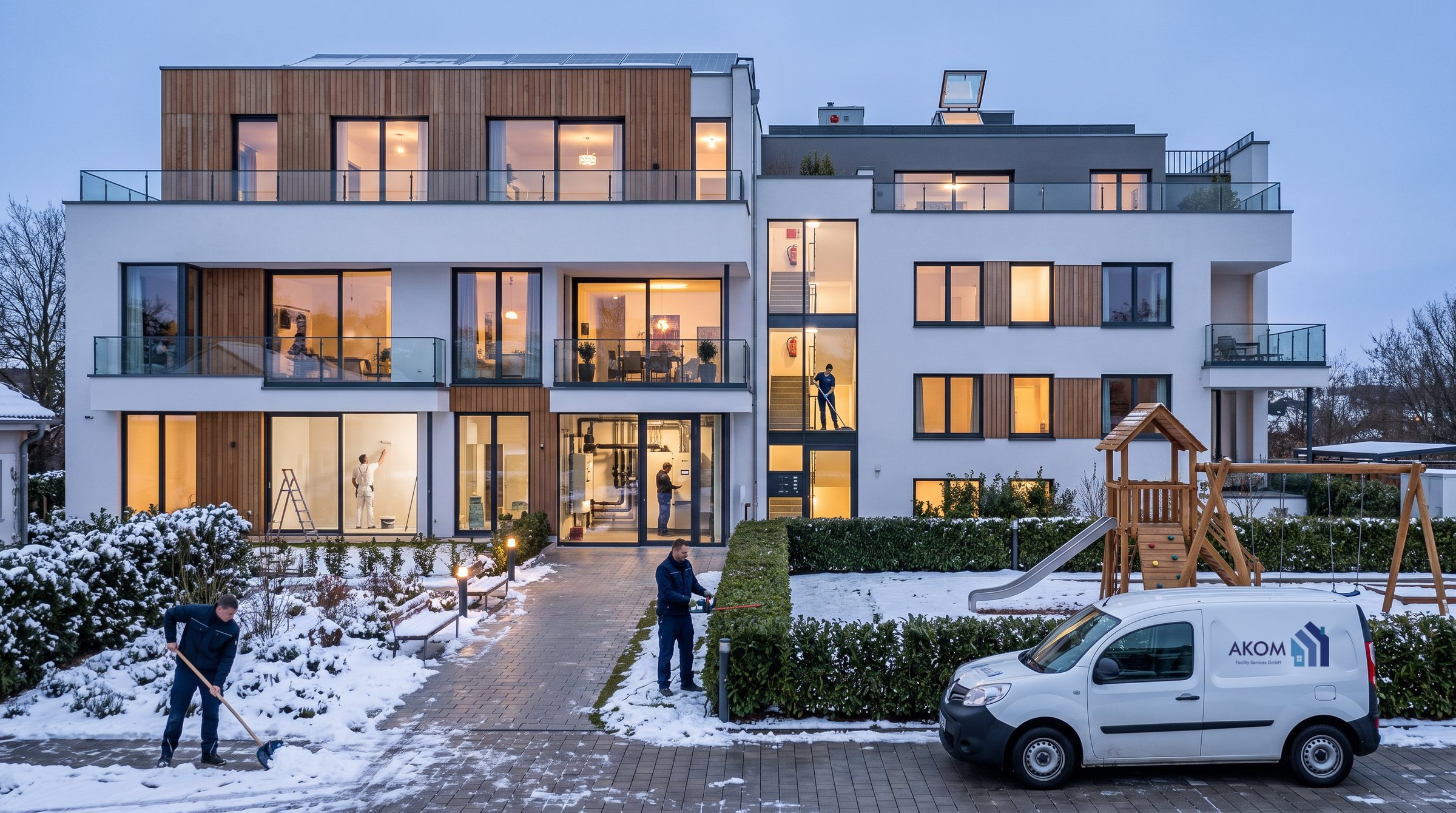 Moderne Wohnanlage im Winter: Winterdienst, Gartenpflege, Spielplatz, Servicewagen mit AKOM-Logo, Reinigung im Treppenhaus, Maler, Haustechnik und Brandschutz, Bild mit KI erstellt