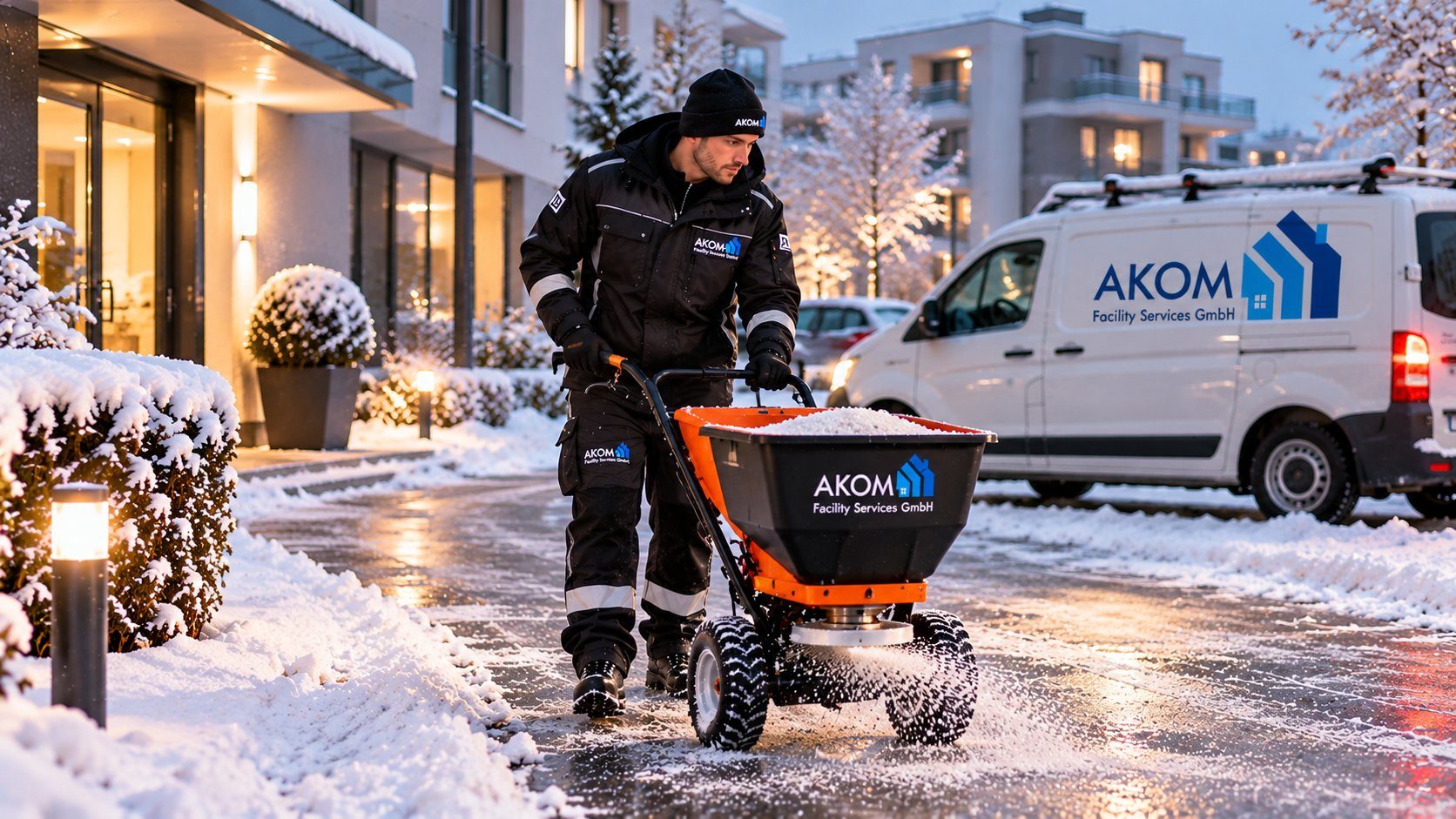 AKOM-Winterdienst mit Streugerät in einem verschneiten Wohnkomplex, Bild mit KI erstellt