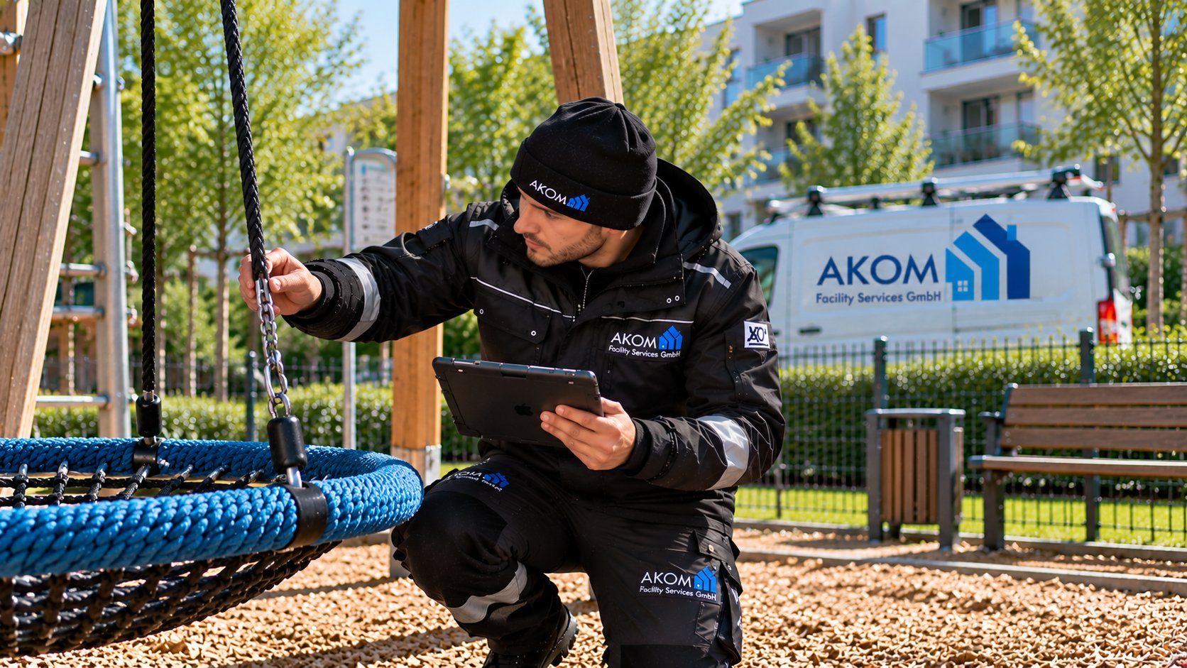 AKOM-Prüfer kontrolliert eine Nestschaukel mit Tablet, Bild mit KI erstellt