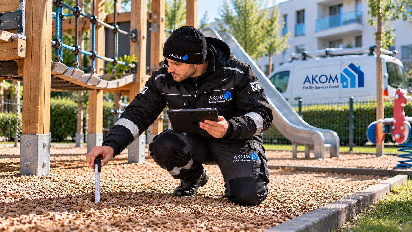AKOM-Prüfer kontrolliert ein Spielgerät mit Tablet und Messgerät, Bild mit KI erstellt