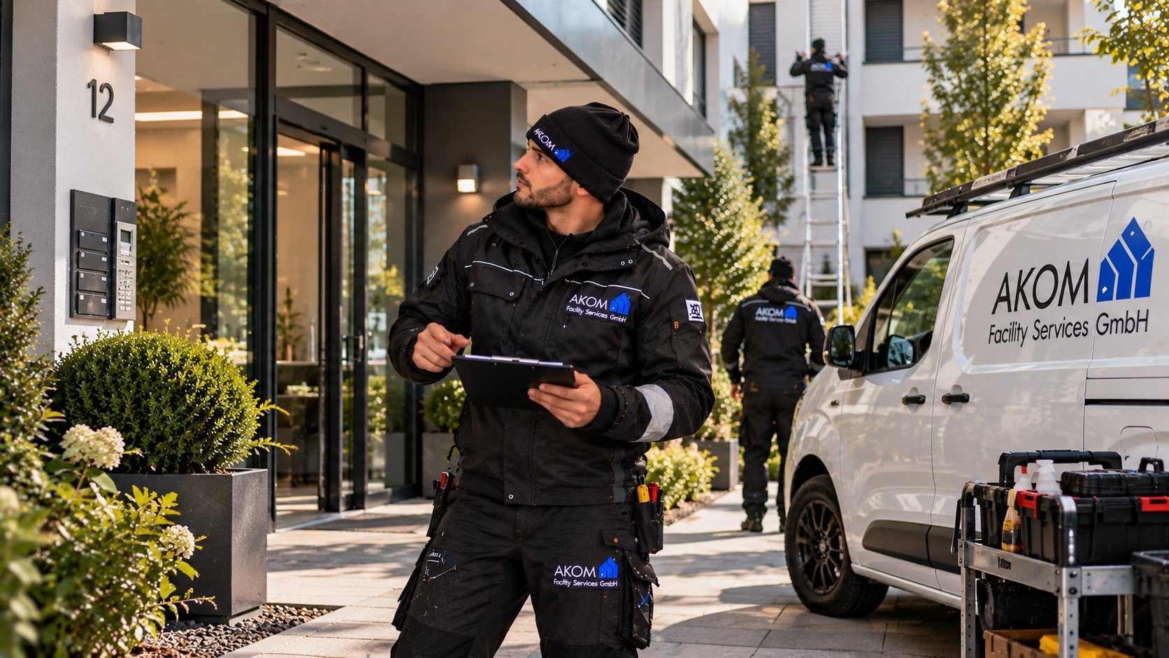 AKOM-Objektmanager mit Klemmbrett vor dem Eingang eines Gebäudes, Bild mit KI erstellt