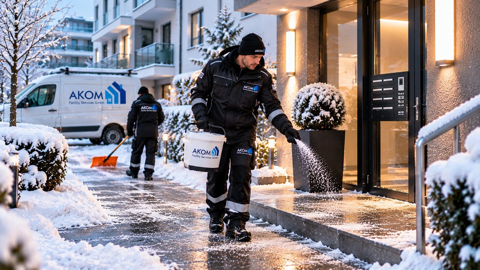 AKOM-Mitarbeiter streut den Zugang eines Gebäudes bei Schnee, Bild mit KI erstellt